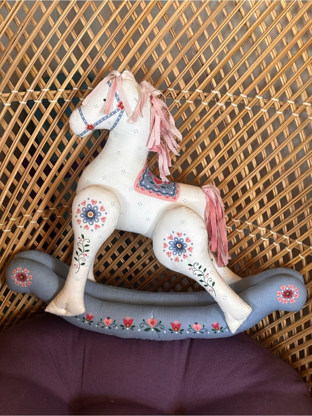 Handmade Vintage 1980s Country Rocking Horse Fabric Plush Cottagecore Nursery